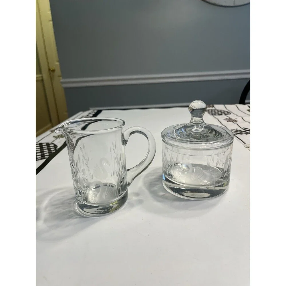 Crystal Glass Clear Etched Swans & Cattails Creamer Sugar Bowl w Lid